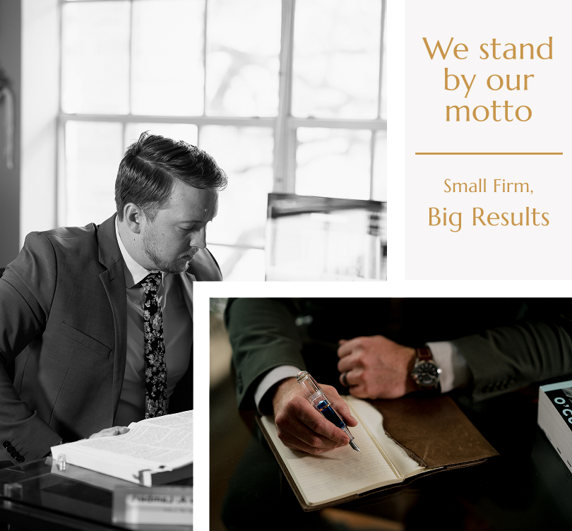 Attorney Philip Lambert reviewing legal documents at his desk with the Argüelles & Lambert Law Firm motto, “Small Firm, Big Results,” representing focus and professionalism.