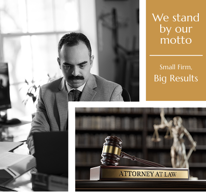 Attorney Rolando Argüelles working at his desk with a judge’s gavel labeled “Attorney at Law,” representing criminal defense misdemeanors at the Argüelles & Lambert Law Firm motto, “Small Firm, Big Results.”