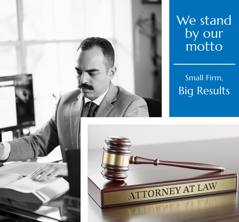 Attorney Rolando Argüelles working at his desk with a judge’s gavel labeled “Attorney at Law,” representing the Argüelles & Lambert Law Firm motto, “Small Firm, Big Results.”
