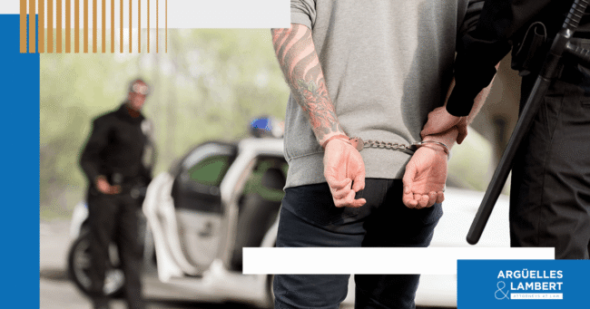 Man being arrested and handcuffed by police officer in Texas during a traffic stop, representing the legal process after an arrest